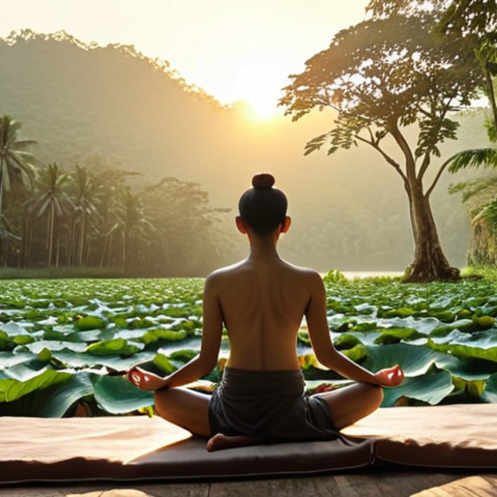 **Mindful Morning:** A serene scene of a person meditating outdoors at sunrise in Thailand, emphasizing peace and focus. Include elements of Thai nature (e.g., lotus flowers, tropical trees).