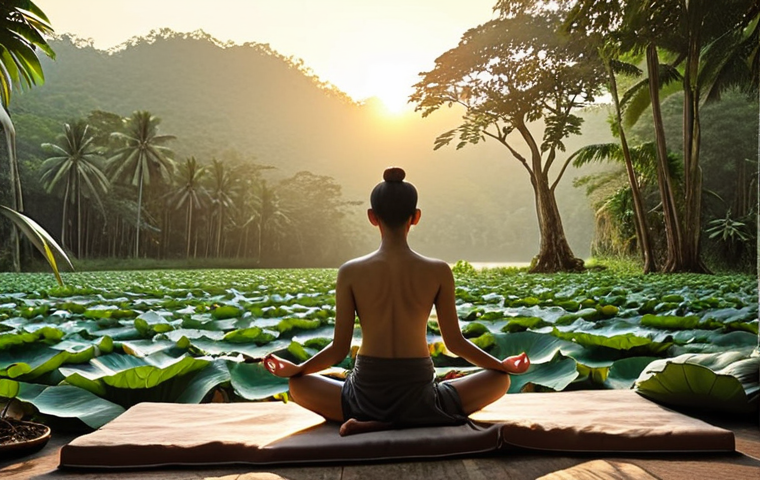 **Mindful Morning:** A serene scene of a person meditating outdoors at sunrise in Thailand, emphasizing peace and focus. Include elements of Thai nature (e.g., lotus flowers, tropical trees).